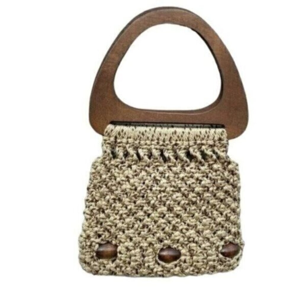 Vintage 1970s Woven Macramé Jute Wood Handle Bag